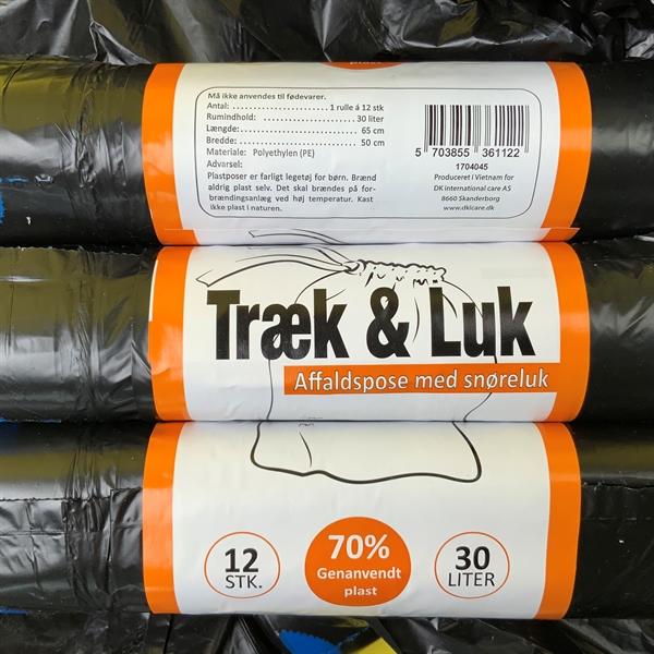 Affaldsposer med snøreluk 30 liter - 1 rulle med 12 poser (1,00 kr/pose)