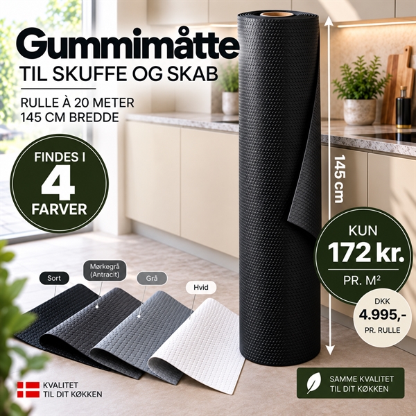 Gummimåtte til skuffe og skab - Rulle á 20m x 145 cm - Pris pr. m2: 173 kr. - Gummimåtter - Overskabe - Indretning - Køkken